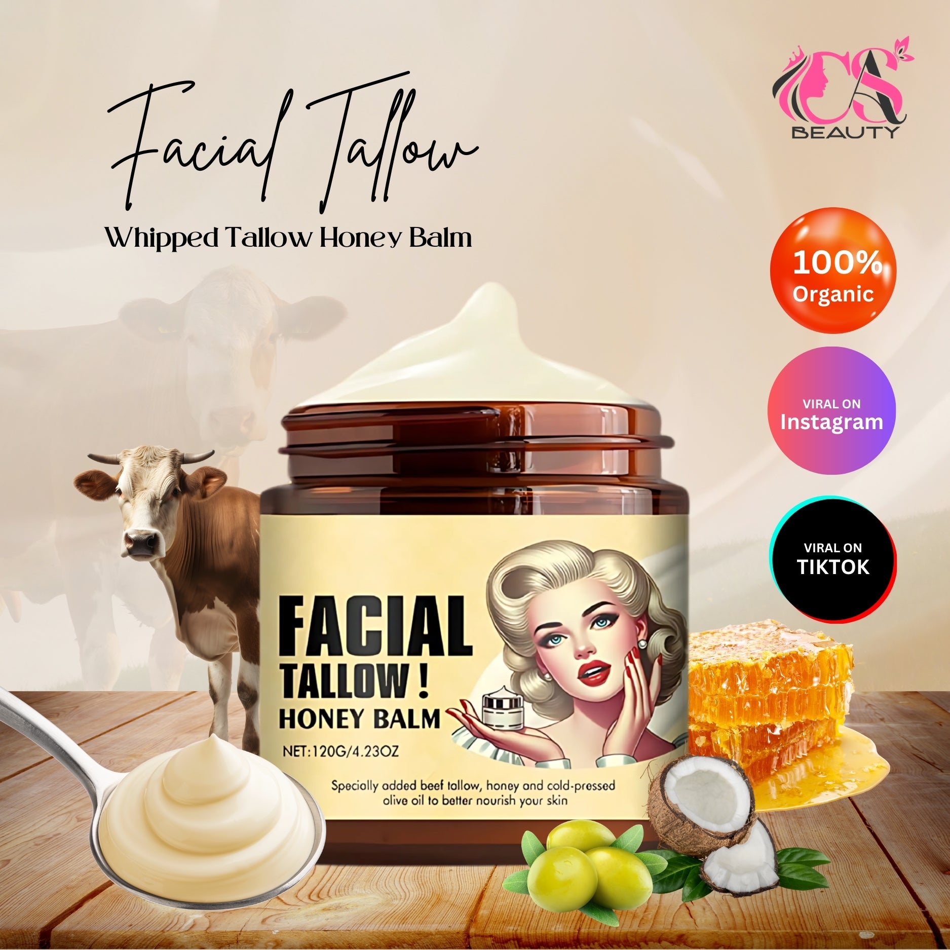 Cas Beauty Balm – Whipped beef tallow and honey face moisturizer for deep hydration and skin nourishment. Grass-fed, grass-finished skincare for face and body