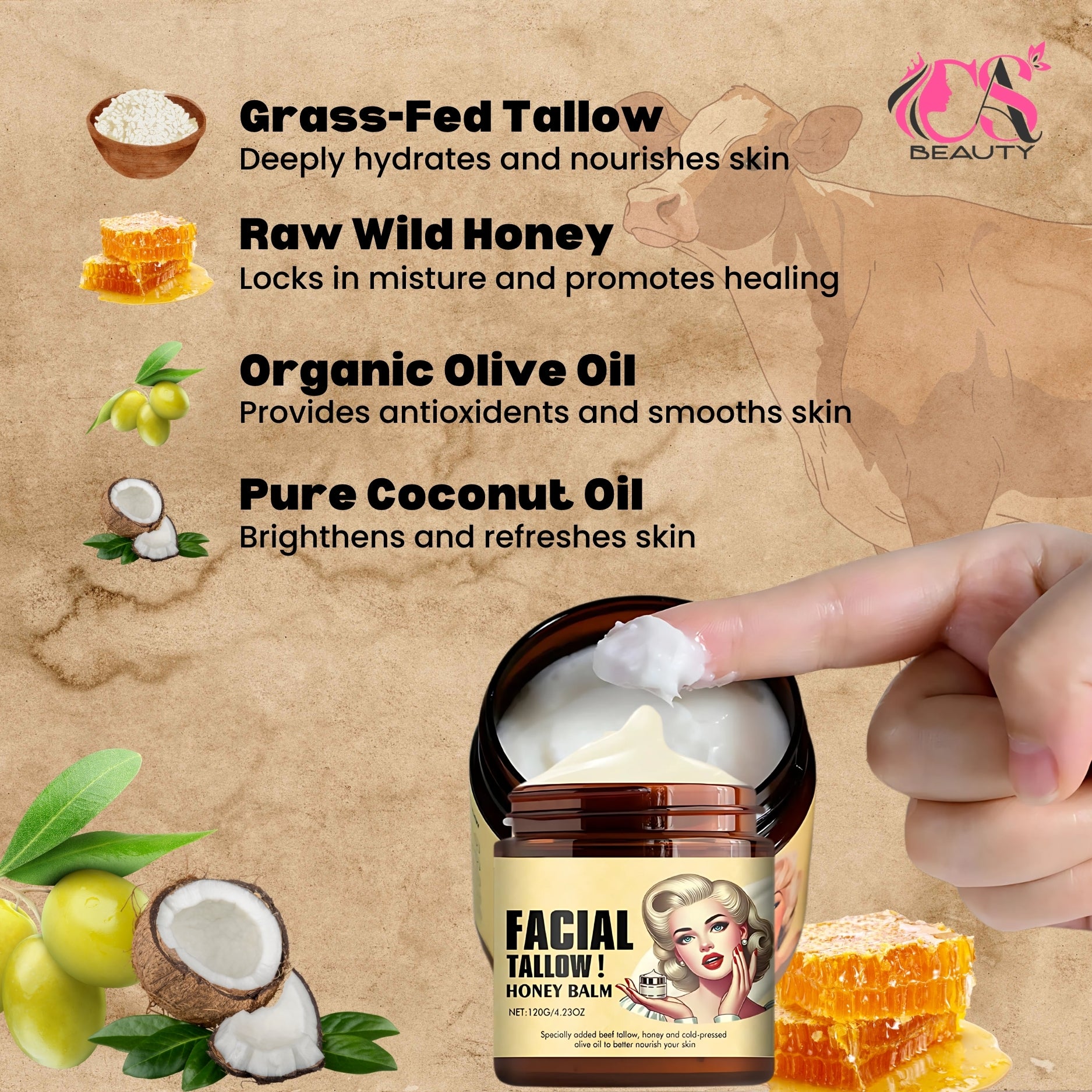 Cas Beauty Balm – Whipped beef tallow and honey face moisturizer for deep hydration and skin nourishment. Grass-fed, grass-finished skincare for face and body